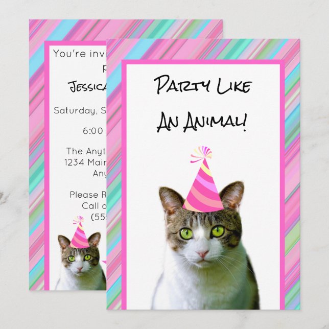 Party wie eine Tierkatze zum Geburtstag mit Party  Einladung (Vorne/Hinten)