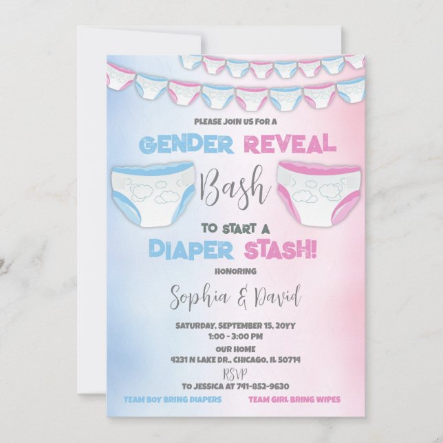 Party "Windeln Stash Gender Reveal Diaper Einladung (Vorderseite)