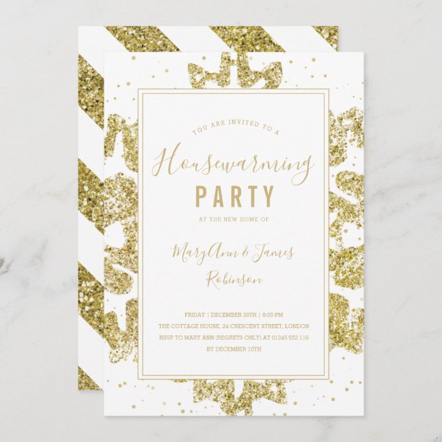 Party | Winter Glitzer Gold & White Einladung (Vorne/Hinten)