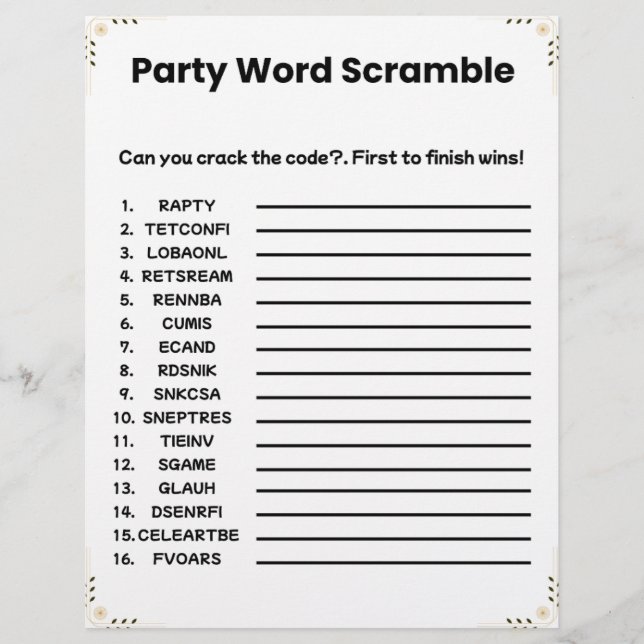 Party Word Scramble - druckbares Spiel Briefbogen (Vorderseite)