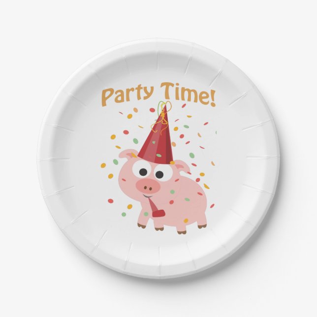 Party Zeit Cartoon Pink Pig mit Konfetti und Hut Pappteller (Vorderseite)