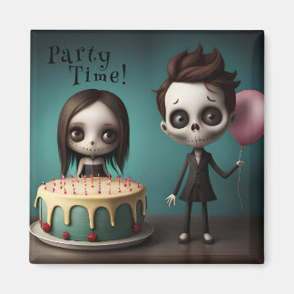Party Zeit! Skelettfreunde mit Geburtstagskuchen Magnet