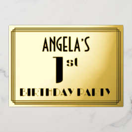 Party zum 1. Geburtstag: Art Deco Look "1" und Nam Folieneinladung