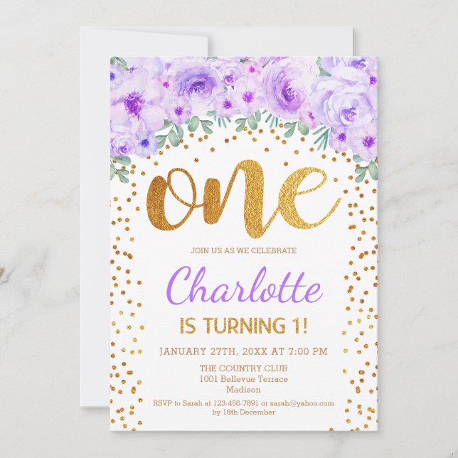 Party zum 1. Geburtstag - Weißes Gold Lila Einladung (Vorderseite)