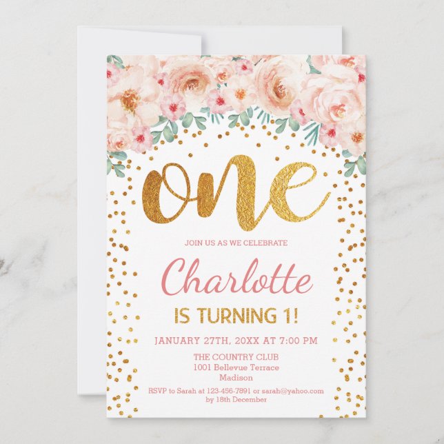 Party zum 1. Geburtstag - Weißes Rosa Einladung (Vorderseite)