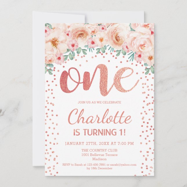 Party zum 1. Geburtstag - Weißrosengold Einladung (Vorderseite)