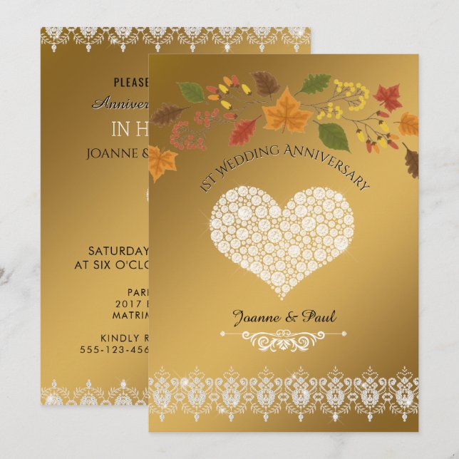 Party zum 1. Hochzeitstag Gold Herbstlaube Einladung (Vorne/Hinten)