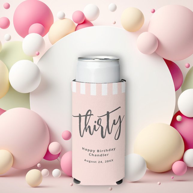 Party zum 30. Geburtstag Selters Dosenkühler (Celebrate turning 30 in style with this custom seltzer can cooler in blush pink and charcoal gray.)