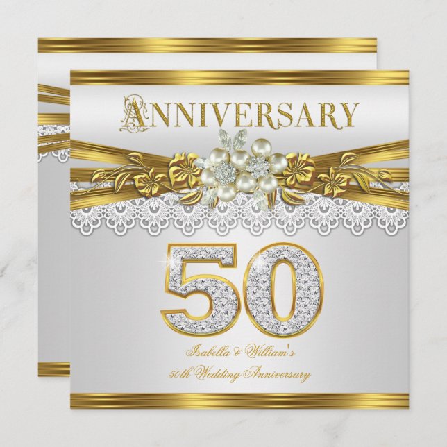 Party zum 50. Hochzeitstag Gold White Pearl Einladung (Vorne/Hinten)