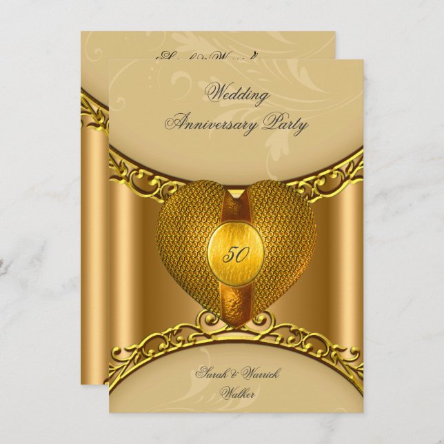 Party zum 50. Jubiläum Elegantes Goldenes Herz Einladung (Vorne/Hinten)