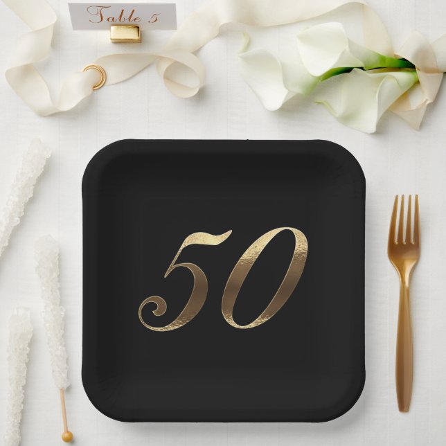 Party zum 50. Jubiläum Modernes Schwarz- und Goldp Pappteller (Hochzeit)