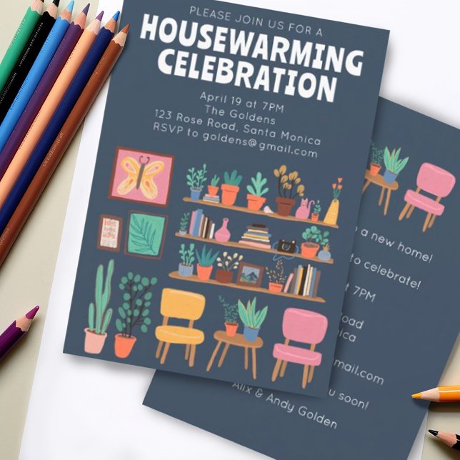 Party zum Aufwärmen des Wohnraums Einladen von Nie Einladung (Housewarming party invitation with cute illustration of chairs and shelves. Customize & digital)