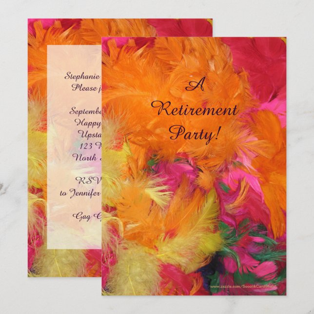 Party zur Altersvorsorge, Orange, rosa Federn Einladung (Vorne/Hinten)