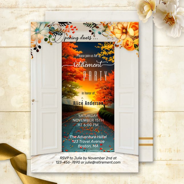 Party zur Herbstruhestandsruhe öffnen Einladung (Retirement party invitation featuring an image of opening doors showing a road to a colorful future)