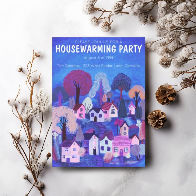 Party zur Wohnungsaufwärmung Zeichnend Niedliches  Einladung (Colorful village illustration for a cute custom housewarming party invitation. Via mail or digitally)