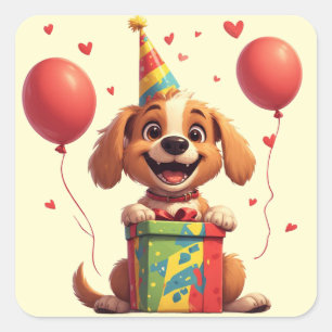🐕 Partyhund mit Geburtstagshütchen und Geschenk Quadratischer Aufkleber