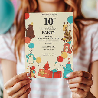 Partytier mit Hüten und Luftballons Kindergeburtst Einladung