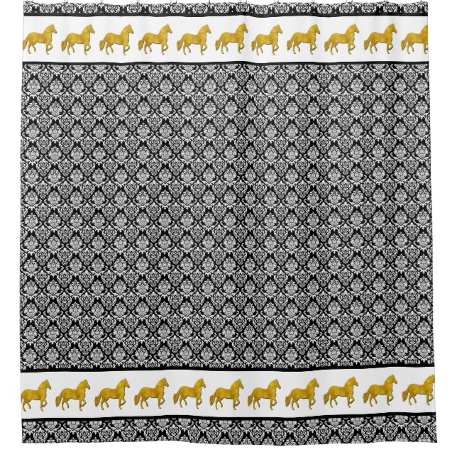 Paso Fino Pferd Imitats Gold Black Damask Muster Duschvorhang (Vorderseite)