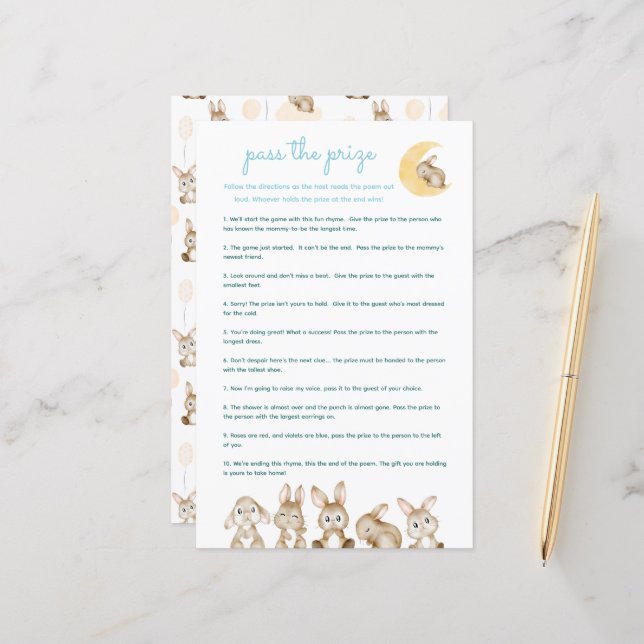 Pass The Prize Cute Bunny Blue Baby Shower Game (Vorderseite/Rückseite Beispiel)
