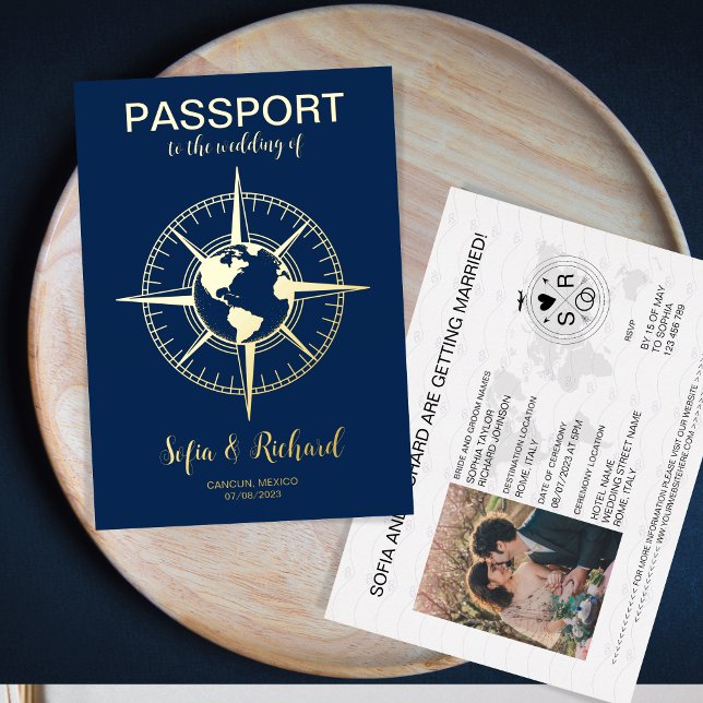 Pass Wedding Destination Compass World Ma Folieneinladung (gold foil compass passport)