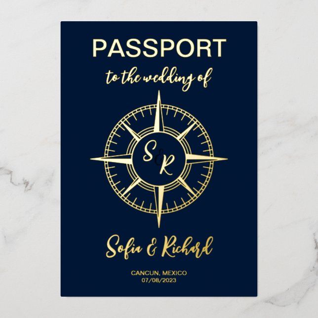 Pass Wedding Destination Gold Foil Compass Folieneinladung (Vorderseite)