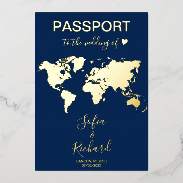 Pass Wedding Destination Gold Foil Weltkarte Folieneinladung (Vorderseite)