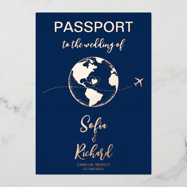 Pass Wedding Destination Gold Foil Weltkarte Folieneinladung (Vorderseite)