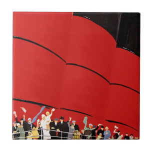 Passagiere eines alten Kreuzfahrtschiffs winken zu Fliese