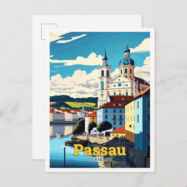 Passau Deutschland Reisen Kunst Vintage Illustrati Postkarte (Vorne/Hinten)