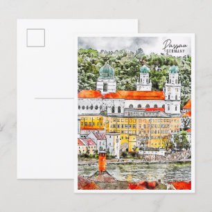 Passau Deutschland vintage Reise Aquarell Postkarte
