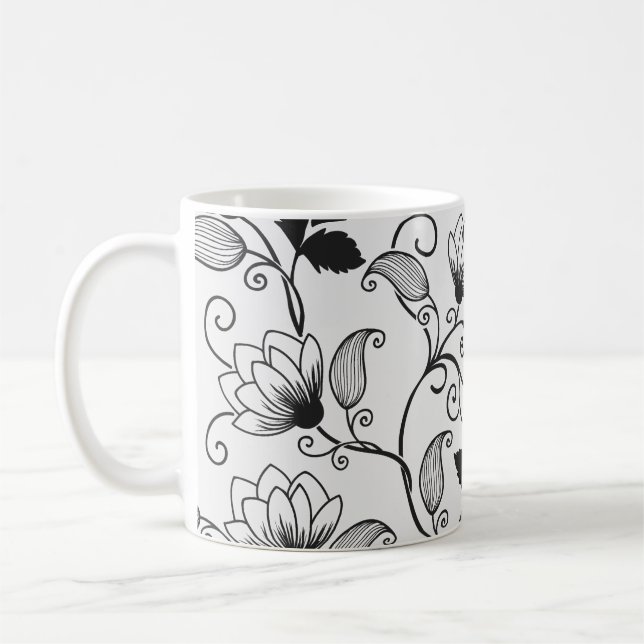 Passen Sie das Muster der schwarzen Flora an Kaffeetasse (Links)