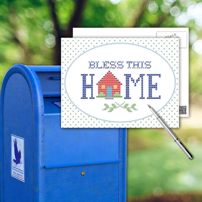Passen Sie Ihre Postkarte an (Share a bit of home with our "Bless This Home" postcard, featuring an original cross-stitch design. )
