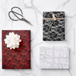 Passende Halloween-Schwarze Rosen Goth-Weißspitze Geschenkpapier Set