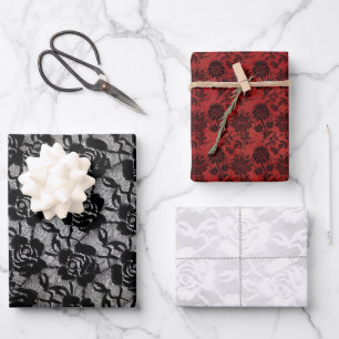 Passende Halloween-Schwarze Rosen Goth-Weißspitze Geschenkpapier Set