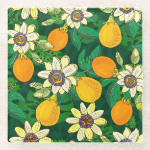 Passionblume Blühen: Schwarzer Hintergrund Vintag. Glasuntersetzer