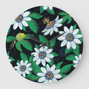 Passionflower Black Background Blume Nahtlos Große Wanduhr