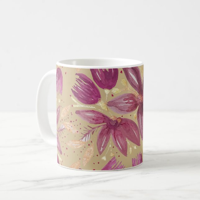 Passionslose Blume, Aquarellbrunnen und Gold Kaffeetasse (Vorderseite Links)