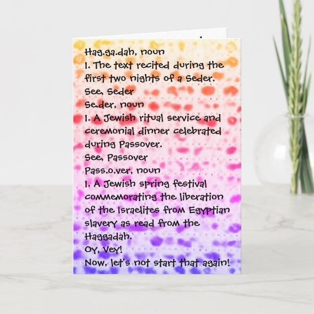 Passover Funny definieren Haggadah farbenfrohe Mat Karte (Vorderseite)