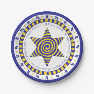 Passover Paper Plate Blue/Yellow Star Muster Pappteller