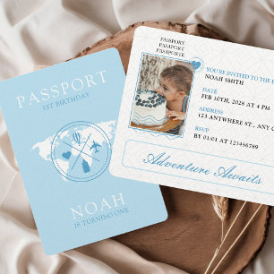 Passport Adventure beginnt Blue Boy 1. Geburtstag Einladung