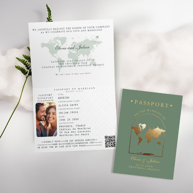 Passport Boho Arch Sage Green Hochzeit in Urlaubso Einladung (passport wedding invitation card destination getaway sage green faux gold map boho arch monograms)