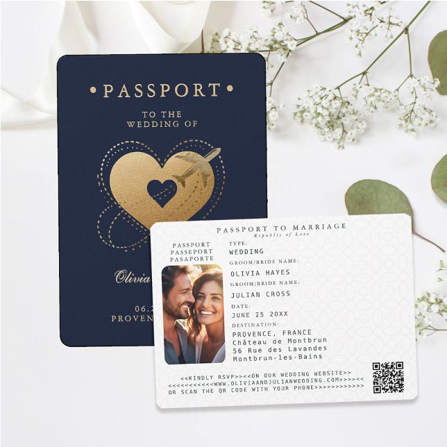Passport Gold Heart Flugzeug Navy Hochzeit in Urla Einladung (passport wedding invitation card destination getaway navy blue faux gold hearts airplane)