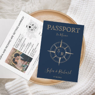 Passport-Hochzeit in Urlaubsort Gold-Compass-Monog Einladung