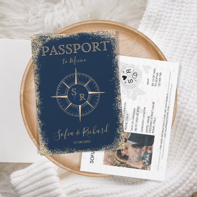 Passport-Hochzeit in Urlaubsort Gold-Compass-Monog Einladung (Von Creator hochgeladen)