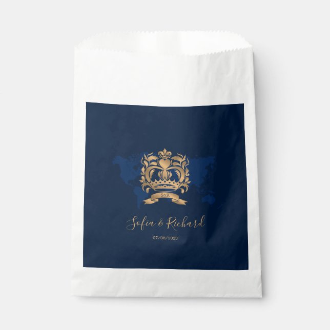 Passport Hochzeit in Urlaubsort Gold Navy Map Wapp Geschenktütchen (Vorderseite)