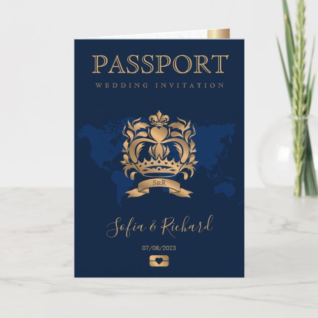 Passport Hochzeit in Urlaubsort Imitate Gold Wappe Einladung (Vorderseite)