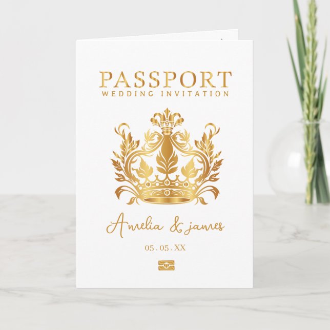 Passport-Hochzeit in Urlaubsort Imitate Goldeinlad Einladung (Vorderseite)