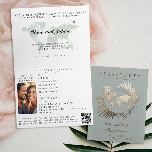 Passport Map Tropical Leaf Hochzeit in Urlaubsort Einladung (passport wedding invitation card destination getaway tropical beach sage green leaf wreath monograms)