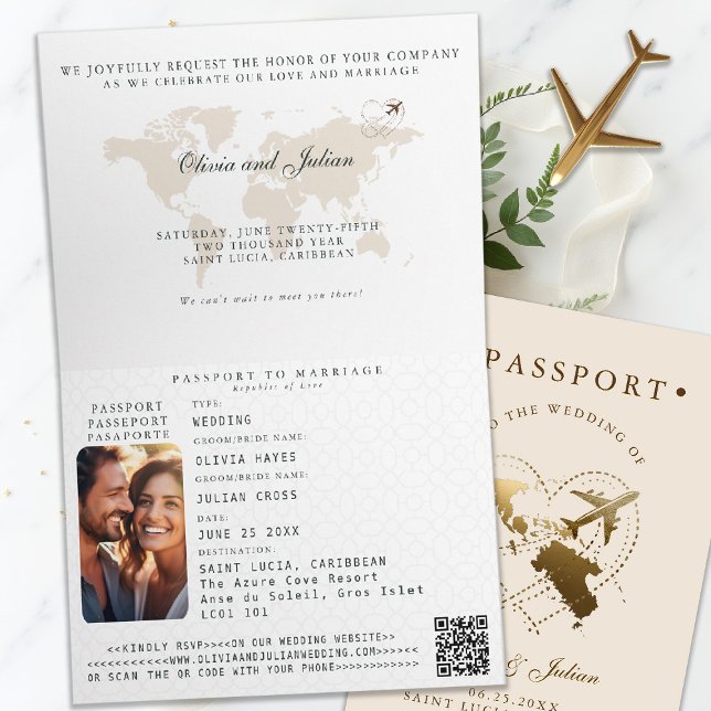 Passport St. Lucia Karibische Hochzeit in Urlaubso Einladung (passport wedding invitation destination saint lucia caribbean elegant calligraphy rsvp qr)