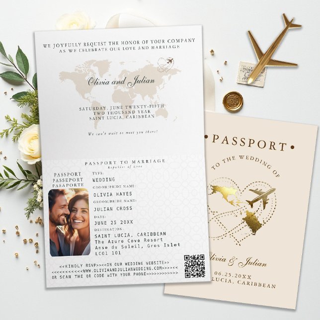 Passport über Flugzeug Karibik Hochzeit in Urlaubs Einladung (passport destination wedding invitation saint lucia carribean elegant calligraphy rsvp qr)